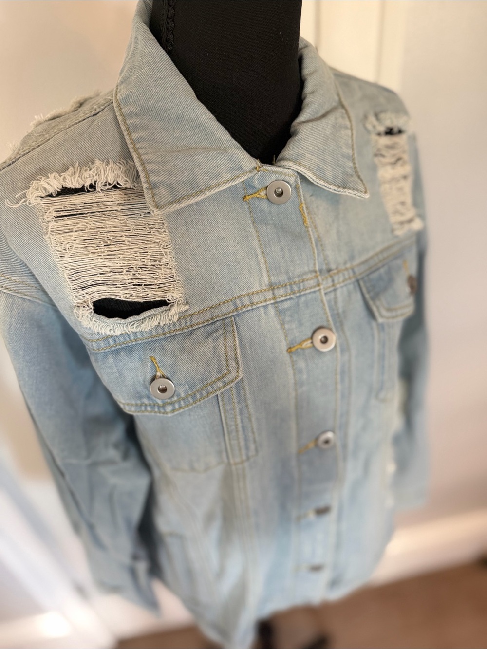 Light Blue Distressed Denim Jacket - Women